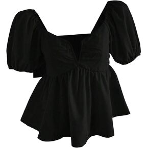 OYOANGLE Women's Short Puff Sleeve Ruffle Blouse Sweetheart Neck Smocked Cute Babydoll Peplum Tops in Kuwait