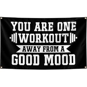 You Are One Workout Away From A Good Mood Tapestry 3x5 FT - Motivational Gym Banner with Brass Grommets, Black Inspirational Quote Flag for Home Gym, Bedroom, Office, Fitness Room Wall Decor Funny Workout Gift in Kuwait