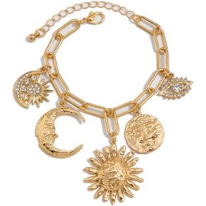 Gold Charm Link Bracelet Bohemian Sun Moon Devil's Eye Bracelet Unique Irregular Spiral Sun Link Vintage Rhinestone Crescent Devil's Eye Chain Adjustable Paperclip Statement Bracelets Jewelry for Women in Saudi Arabia