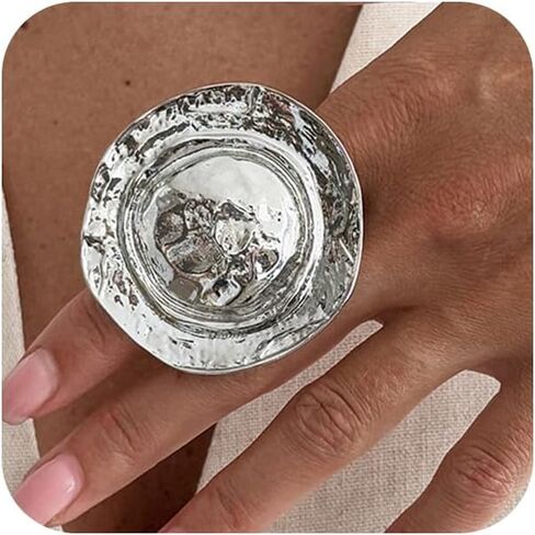 Chunky Gold/Silver Pleated Round Hat Ring for Women, Unique Exaggerated Large Geometric Index Finger Rings Simple Party Prom Jewelry Gift Accessories in Saudi Arabia