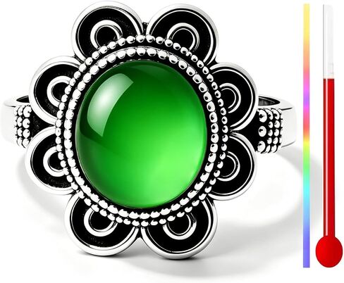 Retro Cosmo Flower Mood Ring, S925 Sterling Silver, Temperature Color Changing, Thermochromic Stone, Boho Ethnic Statement Ring for Women in Saudi Arabia