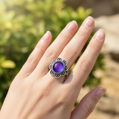 Retro Cosmo Flower Mood Ring, S925 Sterling Silver, Temperature Color Changing, Thermochromic Stone, Boho Ethnic Statement Ring for Women in Saudi Arabia