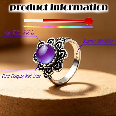 Retro Cosmo Flower Mood Ring, S925 Sterling Silver, Temperature Color Changing, Thermochromic Stone, Boho Ethnic Statement Ring for Women in Saudi Arabia