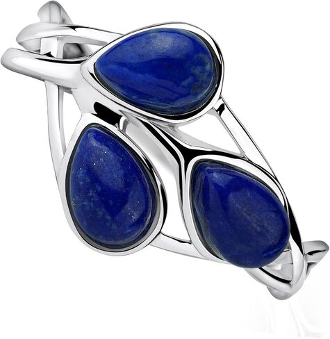 Lapis Lazuli Silver Ring Nature Design – Rhodium Plated with 3 Natural Pear-Shaped Lapis Lazuli Stones – Elegant Handmade Women’s Statement Jewelry in Saudi Arabia