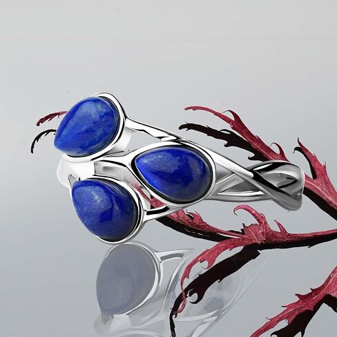 Lapis Lazuli Silver Ring Nature Design – Rhodium Plated with 3 Natural Pear-Shaped Lapis Lazuli Stones – Elegant Handmade Women’s Statement Jewelry in Saudi Arabia