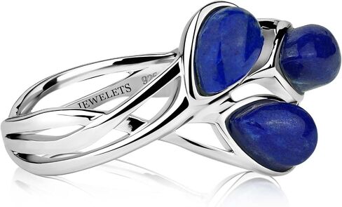 Lapis Lazuli Silver Ring Nature Design – Rhodium Plated with 3 Natural Pear-Shaped Lapis Lazuli Stones – Elegant Handmade Women’s Statement Jewelry in Saudi Arabia