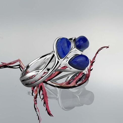 Lapis Lazuli Silver Ring Nature Design – Rhodium Plated with 3 Natural Pear-Shaped Lapis Lazuli Stones – Elegant Handmade Women’s Statement Jewelry in Saudi Arabia