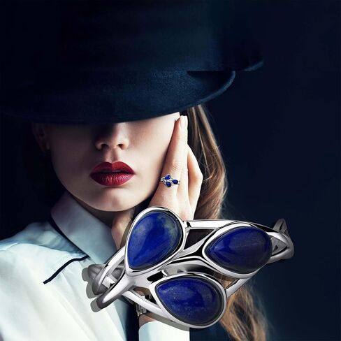 Lapis Lazuli Silver Ring Nature Design – Rhodium Plated with 3 Natural Pear-Shaped Lapis Lazuli Stones – Elegant Handmade Women’s Statement Jewelry in Saudi Arabia