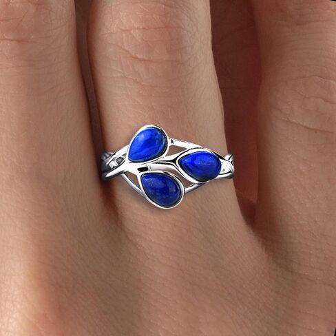 Lapis Lazuli Silver Ring Nature Design – Rhodium Plated with 3 Natural Pear-Shaped Lapis Lazuli Stones – Elegant Handmade Women’s Statement Jewelry in Saudi Arabia