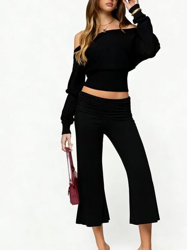 Seyumixi Women Fold Over Flare Capri Yoga Pants Low Rise Wide Leg Cropped Lounge Pants Capris Flowy Gaucho Culottes in Saudi Arabia