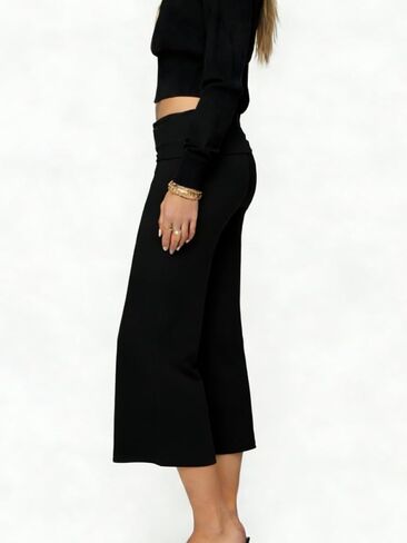 Seyumixi Women Fold Over Flare Capri Yoga Pants Low Rise Wide Leg Cropped Lounge Pants Capris Flowy Gaucho Culottes in Saudi Arabia