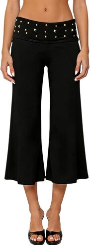 Seyumixi Women Fold Over Flare Capri Yoga Pants Low Rise Wide Leg Cropped Lounge Pants Capris Flowy Gaucho Culottes in Saudi Arabia
