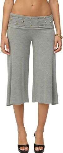 Seyumixi Women Fold Over Flare Capri Yoga Pants Low Rise Wide Leg Cropped Lounge Pants Capris Flowy Gaucho Culottes in Saudi Arabia