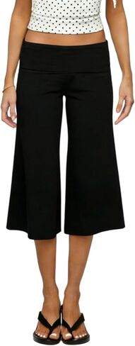 Seyumixi Women Fold Over Flare Capri Yoga Pants Low Rise Wide Leg Cropped Lounge Pants Capris Flowy Gaucho Culottes in Saudi Arabia