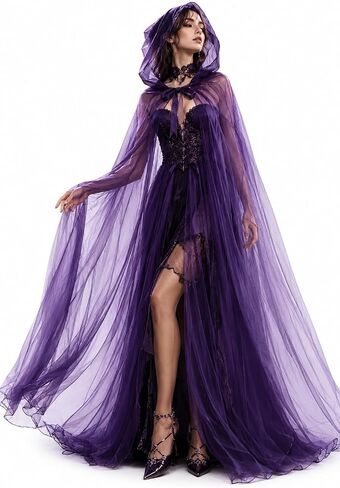 cloudy.lee Sheer Hooded Cape Cloak for Women, Halloween Vampire Gothic Tulle Costume Cape, One SizeLong 220/150 cm in Kuwait