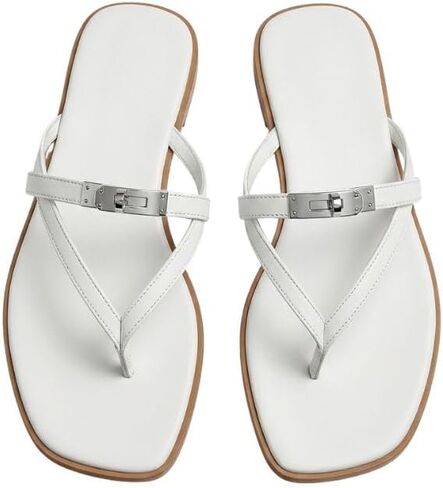 Elegant Women Thong Sandals Flat Leather Flip Flops Square Toe Slide Slippers with Metal Buckle Detail Summer Beach Shoes in Saudi Arabia