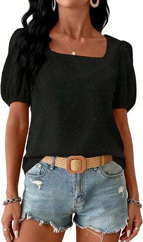 Remidoo Women's Swiss Dot Puff Short Sleeve Blouse Summer Square Neck Tie Back Tops in Kuwait