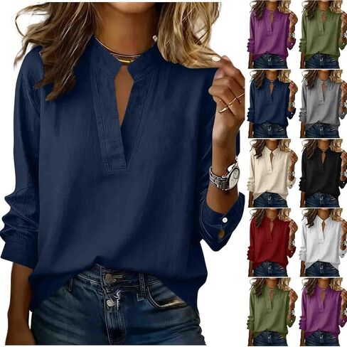 Women's Mandarin Collar Linen Shirts V-Neck Henley Summer Tops 2026 Dressy Casual Cotton Gauze Long Sleeve Blouses in Kuwait