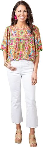 Women's Orange Geometric Print Long Sleeve Blouse with Keyhole Back in Saudi Arabia