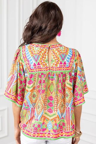 Women's Orange Geometric Print Long Sleeve Blouse with Keyhole Back in Saudi Arabia