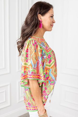 Women's Orange Geometric Print Long Sleeve Blouse with Keyhole Back in Saudi Arabia