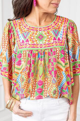 Women's Orange Geometric Print Long Sleeve Blouse with Keyhole Back in Saudi Arabia