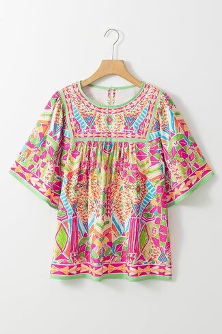 Women's Orange Geometric Print Long Sleeve Blouse with Keyhole Back in Saudi Arabia