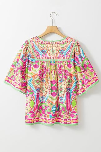 Women's Orange Geometric Print Long Sleeve Blouse with Keyhole Back in Saudi Arabia