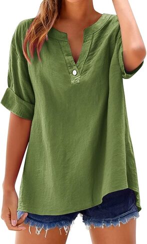 Linen Shirts for Women Plus Size Short Sleeve Button Down Blouses 2026 Summer Casual Loose Comfy Cotton Gauze Tops in Kuwait