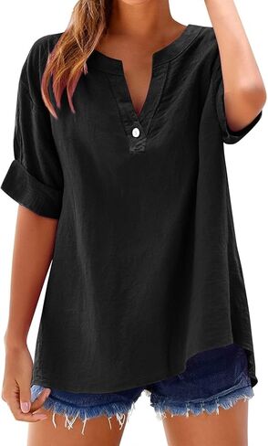Linen Shirts for Women Plus Size Short Sleeve Button Down Blouses 2026 Summer Casual Loose Comfy Cotton Gauze Tops in Kuwait
