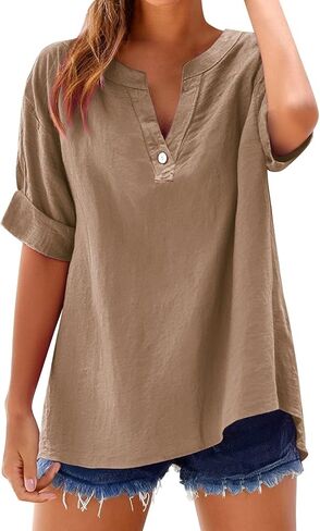 Linen Shirts for Women Plus Size Short Sleeve Button Down Blouses 2026 Summer Casual Loose Comfy Cotton Gauze Tops in Kuwait