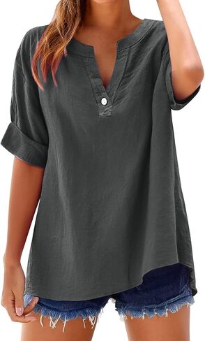 Linen Shirts for Women Plus Size Short Sleeve Button Down Blouses 2026 Summer Casual Loose Comfy Cotton Gauze Tops in Kuwait