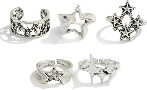 5Pcs Y2k Star Ring Set for Men, Retro Silver Trendy Bold Design Vintage Chunky Punk Hip Hop Ring Set, Stackable Statement Cosplay Party Fashion Jewelry in Saudi Arabia