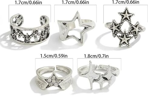 5Pcs Y2k Star Ring Set for Men, Retro Silver Trendy Bold Design Vintage Chunky Punk Hip Hop Ring Set, Stackable Statement Cosplay Party Fashion Jewelry in Saudi Arabia