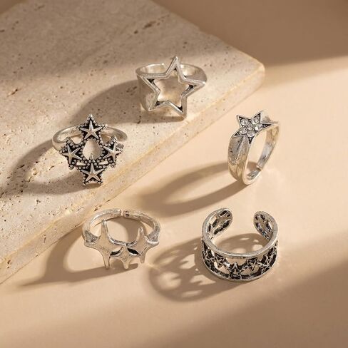 5Pcs Y2k Star Ring Set for Men, Retro Silver Trendy Bold Design Vintage Chunky Punk Hip Hop Ring Set, Stackable Statement Cosplay Party Fashion Jewelry in Saudi Arabia