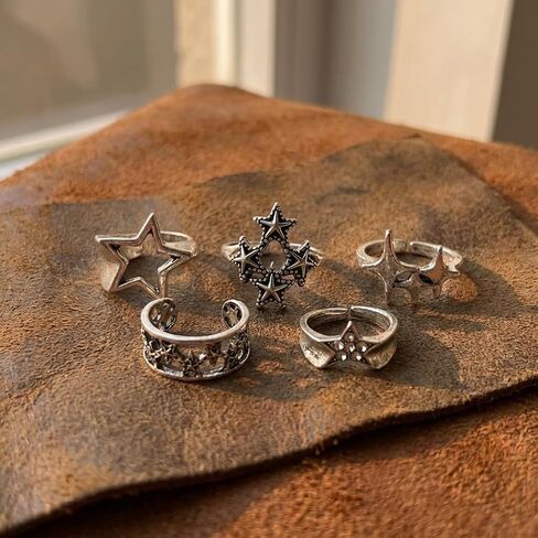 5Pcs Y2k Star Ring Set for Men, Retro Silver Trendy Bold Design Vintage Chunky Punk Hip Hop Ring Set, Stackable Statement Cosplay Party Fashion Jewelry in Saudi Arabia