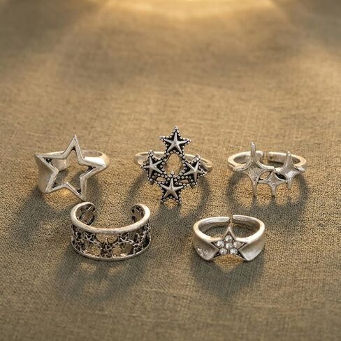 5Pcs Y2k Star Ring Set for Men, Retro Silver Trendy Bold Design Vintage Chunky Punk Hip Hop Ring Set, Stackable Statement Cosplay Party Fashion Jewelry in Saudi Arabia