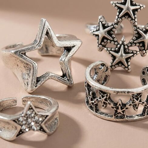 5Pcs Y2k Star Ring Set for Men, Retro Silver Trendy Bold Design Vintage Chunky Punk Hip Hop Ring Set, Stackable Statement Cosplay Party Fashion Jewelry in Saudi Arabia
