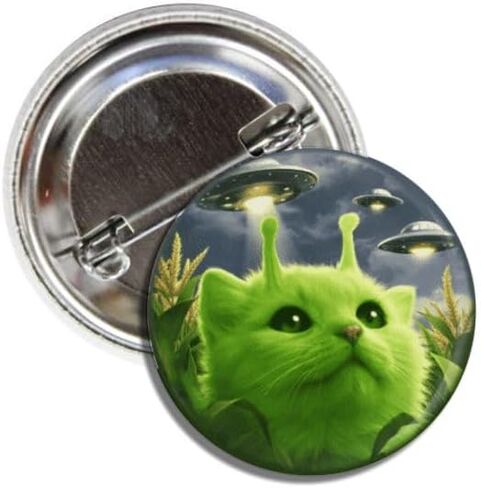 Green Alien Meme Cat Button Badge Pin with UFO Design, 1.5 Inches in Kuwait