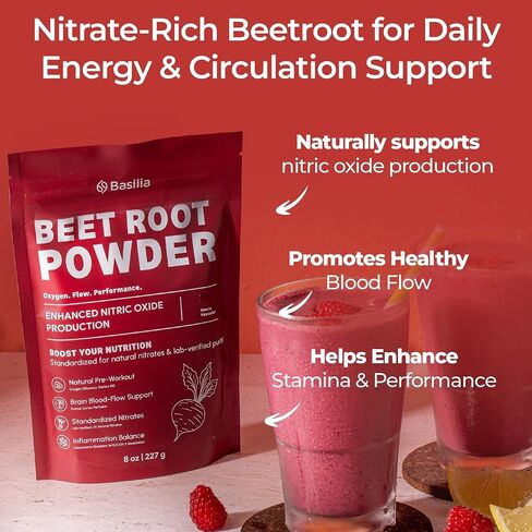 Basilia Beet Root Powder 8 oz | Premium Non-GMO Superfood for Energy, Circulation & Endurance | Rich in Antioxidants & Nitrates | Vegan, Gluten-Free, Sustainably Sourced in Kuwait
