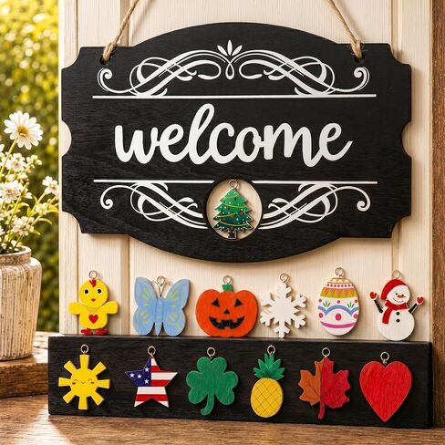 Jetec Welcome Door Sign Christmas Decor Fall Sign Seasonal Front Door Rustic Wood Welcome Sign Wall Hanging Porch Easter Interchangeable 14 x 9 Inch in Kuwait