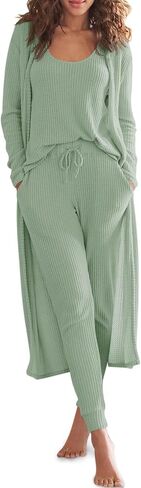 Eurivicy Womens Lounge Set Waffle Knit 3 Piece Pajama Sets Tank Tops Loose Pants with Long Cardigan Loungewear 2026 in Saudi Arabia