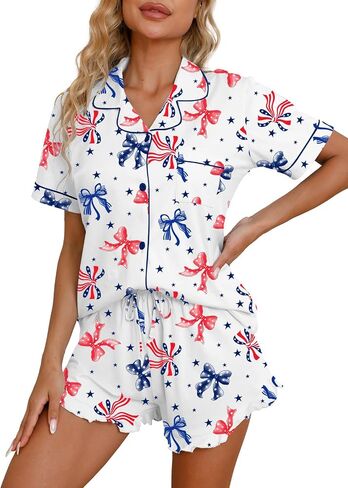 QZH.DUAO Pajama Set for Women 100% Cotton Button Down Pjs Short Sleeve With Ruffle Shorts Sleepwear Size XS-XL in Kuwait