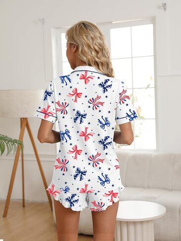 QZH.DUAO Pajama Set for Women 100% Cotton Button Down Pjs Short Sleeve With Ruffle Shorts Sleepwear Size XS-XL in Kuwait