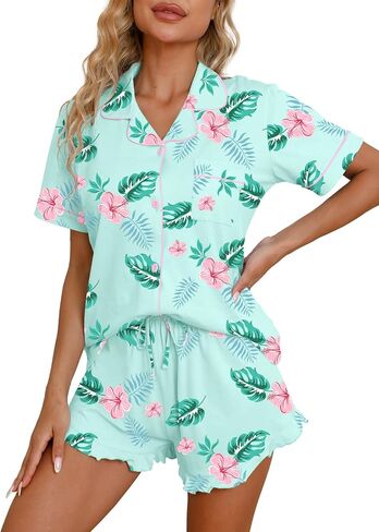 QZH.DUAO Pajama Set for Women 100% Cotton Button Down Pjs Short Sleeve With Ruffle Shorts Sleepwear Size XS-XL in Kuwait