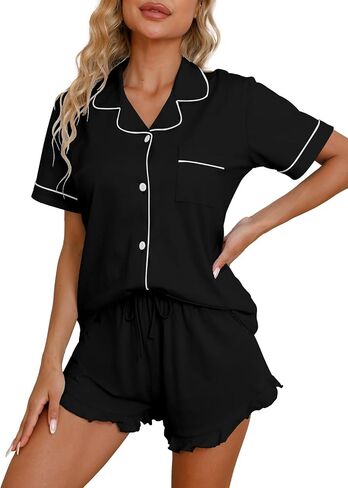 QZH.DUAO Pajama Set for Women 100% Cotton Button Down Pjs Short Sleeve With Ruffle Shorts Sleepwear Size XS-XL in Kuwait