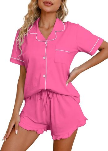 QZH.DUAO Pajama Set for Women 100% Cotton Button Down Pjs Short Sleeve With Ruffle Shorts Sleepwear Size XS-XL in Kuwait