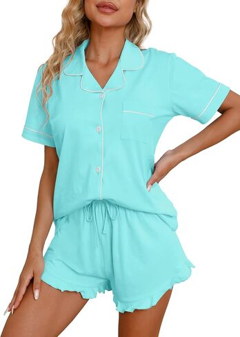 QZH.DUAO Pajama Set for Women 100% Cotton Button Down Pjs Short Sleeve With Ruffle Shorts Sleepwear Size XS-XL in Kuwait