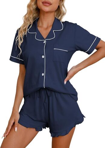 QZH.DUAO Pajama Set for Women 100% Cotton Button Down Pjs Short Sleeve With Ruffle Shorts Sleepwear Size XS-XL in Kuwait