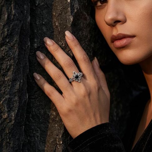Silver Ring with Black Stone for Women - Witches Knot Gothic Celtic Jewelry, Protection Amulet Accent Ring in Saudi Arabia
